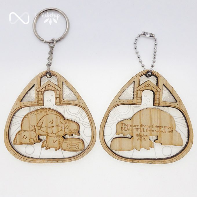 dog sweet home wooden keychain front and back topview