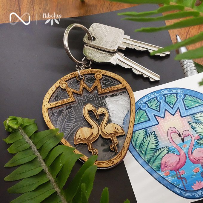 flamingo couple wooden keychain lifestyle