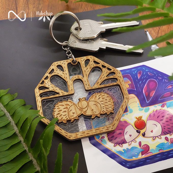 twin hedgehogs wooden keychain lifestyle